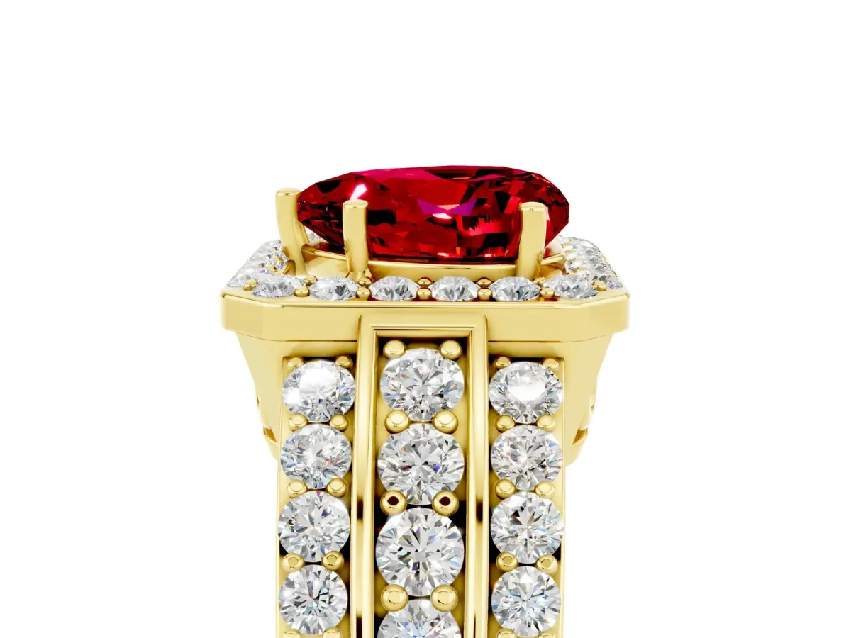 Heart Cut Halo Ruby Ring with Round Split Shank and Prong Setting Yellow gold