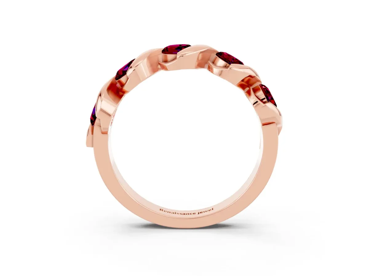 Round Garnet Wave Band with Channel Setting and Shared Prongs Rose gold