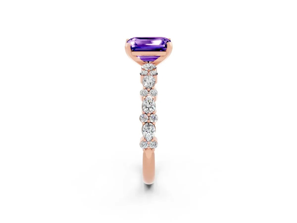Emerald Cut Tanzanite Side Stone Solitaire Ring with Round and Four-Prong Setting Rose gold