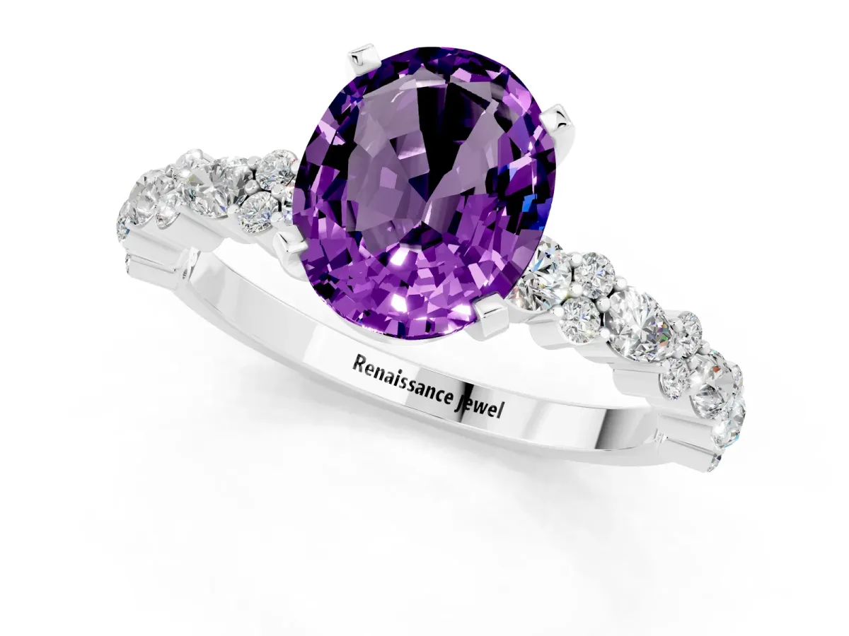Oval Cut Amethyst Side Stone Solitaire Ring with Round and Four-Prong Setting Silver