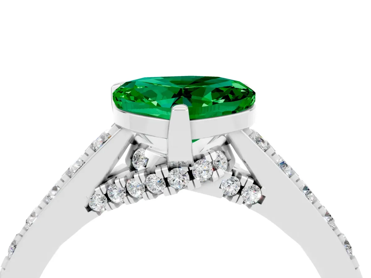 Heart Cut Emerald Solitaire Ring with Crossover Gallery and Round Pavé Band Silver