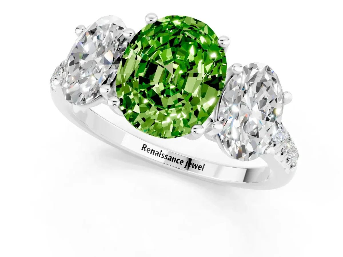 Three-Stone Oval Cut Peridot Ring with Round Pavé Band and Prong Setting Silver
