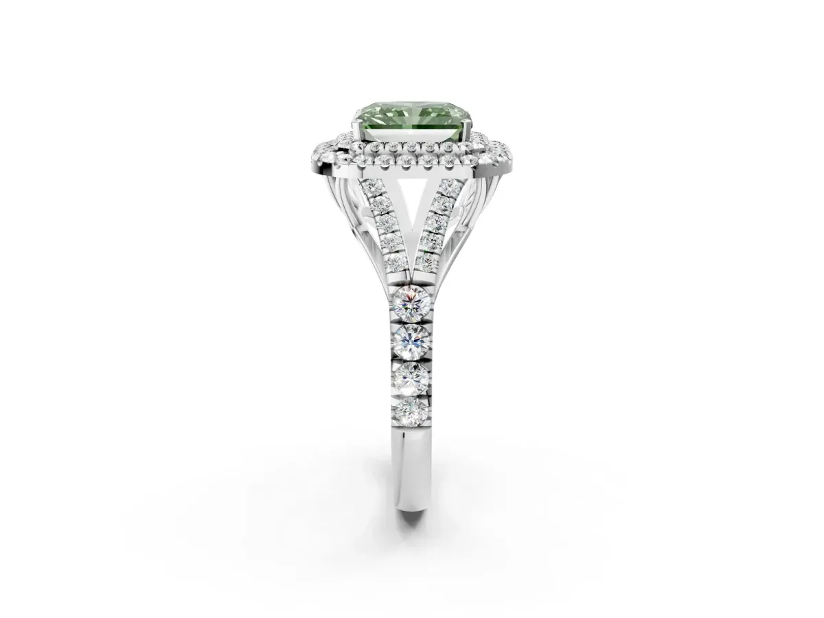Fancy Green Radiant Cut Cut Double Halo Split Shank Diamond Ring with Prong Setting Platinum
