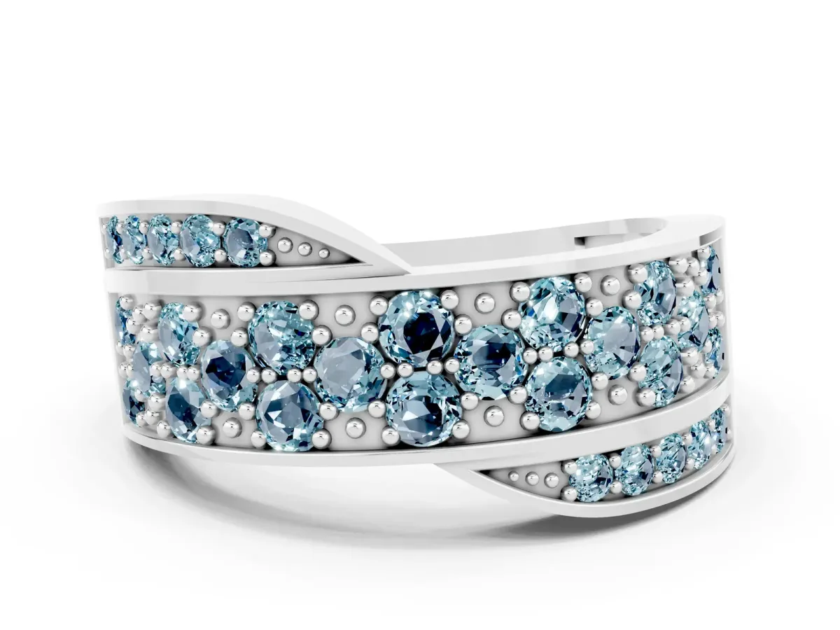 Pavé Round Aquamarine Crossover Band with Bead Prong Setting Silver