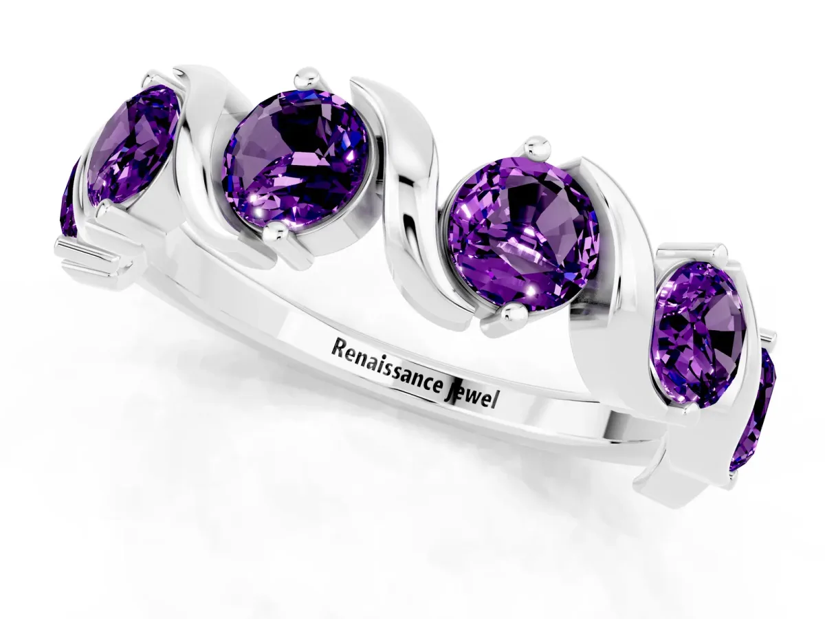 Round Amethyst Half Eternity Band with Wave Prong Setting Silver