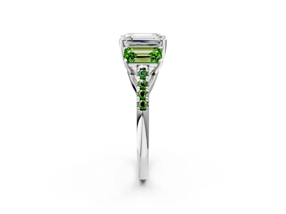 Three-Stone Emerald Cut Diamond Ring with Round Peridot Pavé Band and Prong Setting Platinum