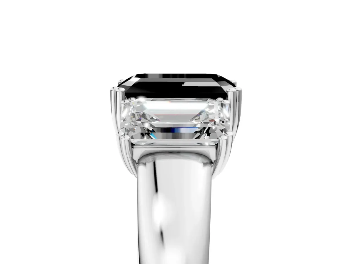 Fancy Black Three-Stone Emerald Cut Cut Diamond Ring with Channel Set Band and Four-Prong Setting Silver