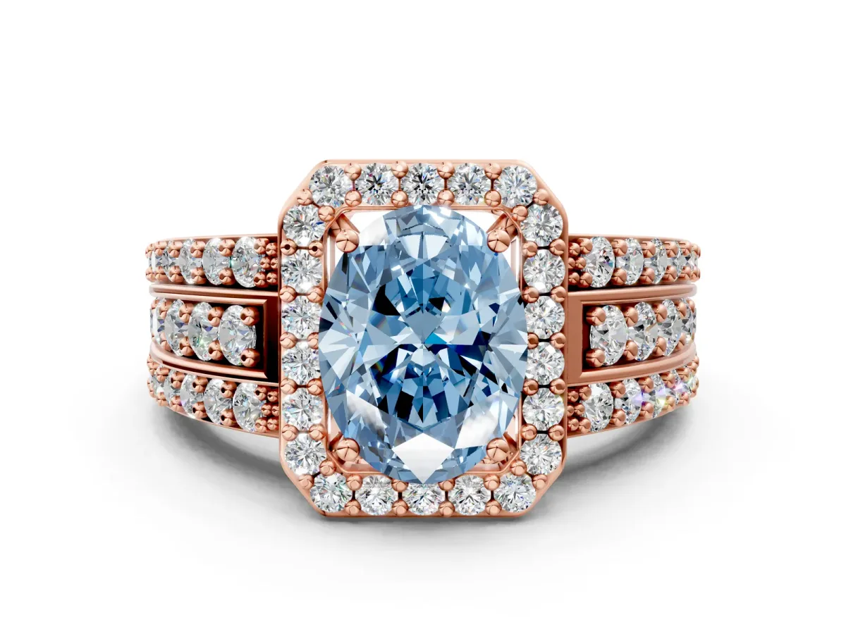 Fancy Blue Oval Cut Halo Diamond Ring with Round Split Shank and Prong Setting Rose gold