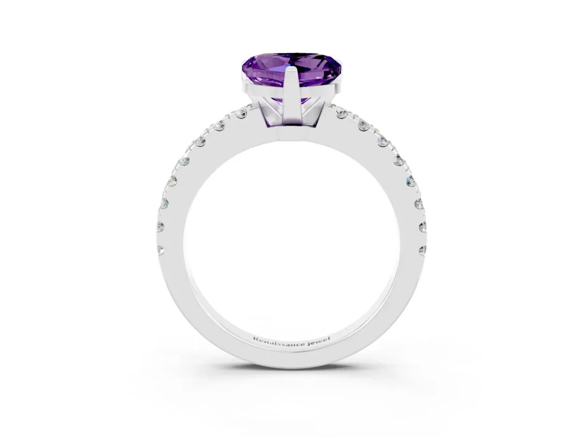 Heart Cut Solitaire Amethyst with Pavé Band and Four-Prong Setting Silver