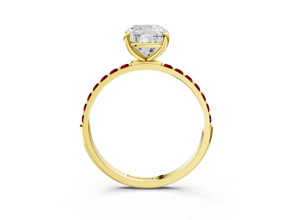 Cushion Cut Diamond Solitaire Ring with Round Ruby Pavé Band and Prong Setting Yellow gold