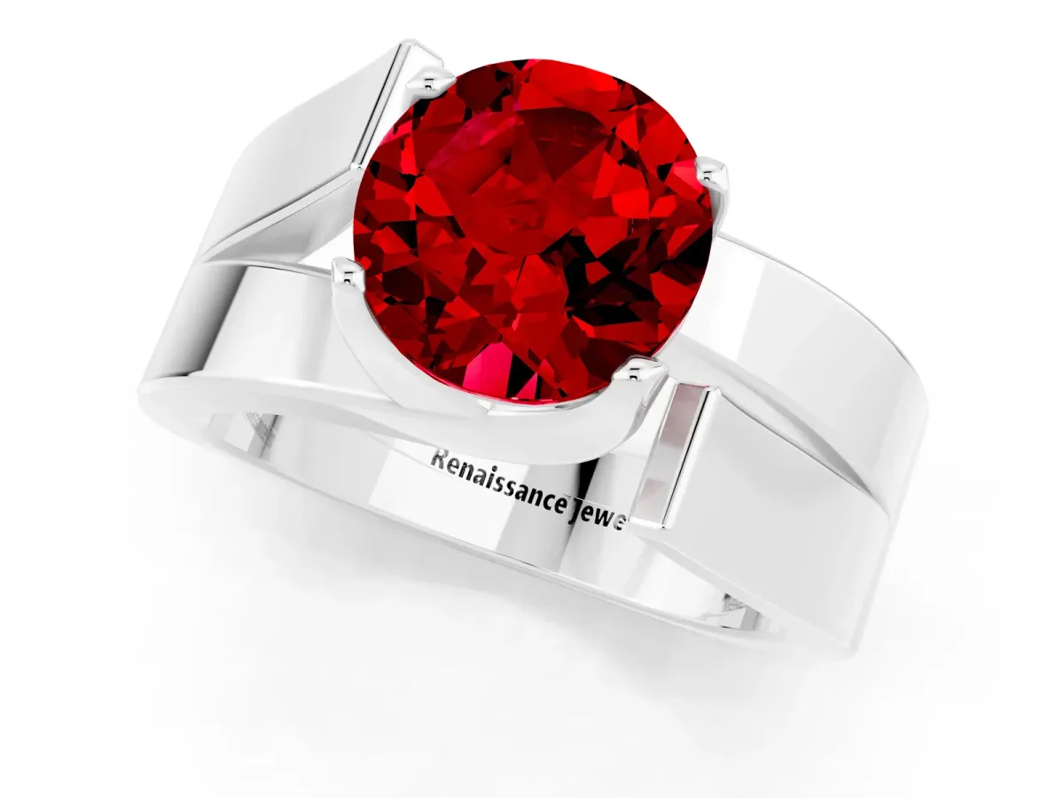 Modern Tension Set Round Cut Ruby Solitaire Wide Band Ring Silver