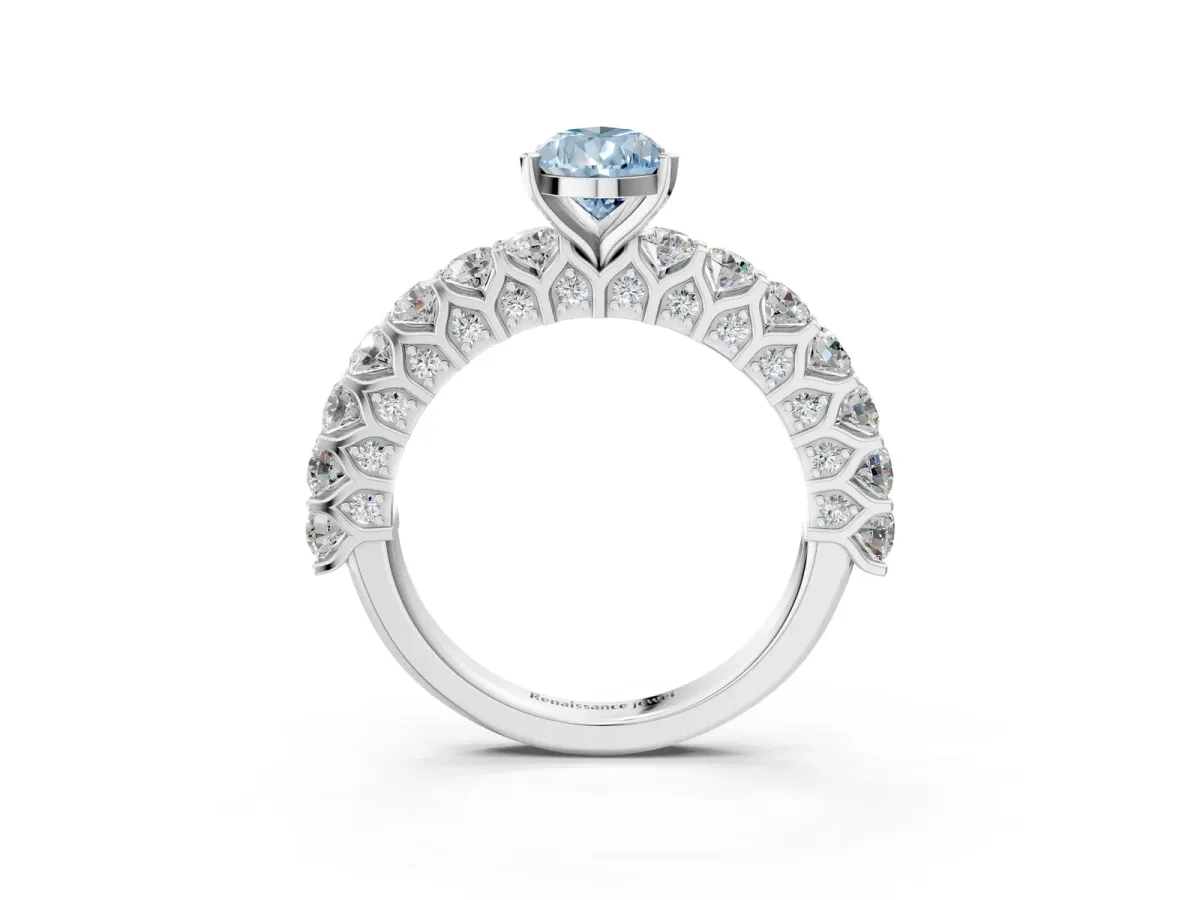 Fancy Blue Pear Cut Diamond Solitaire Ring with Shared Prong Pavé Band and Four-Prong Setting Silver
