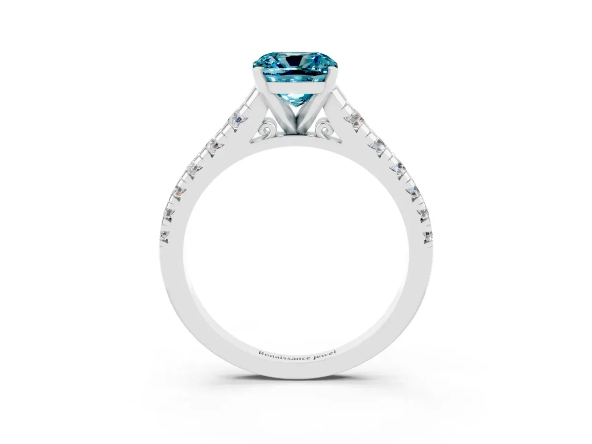 Cushion Cut Blue Topaz Cathedral Solitaire Ring with Round Pavé Band Silver
