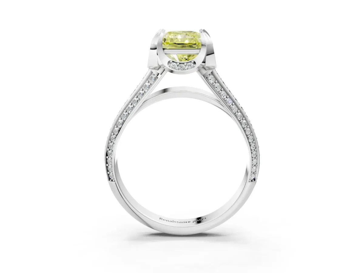 Fancy Yellow Radiant Cut Solitaire Pave Split Shank Ring with Four-Prong Setting Platinum