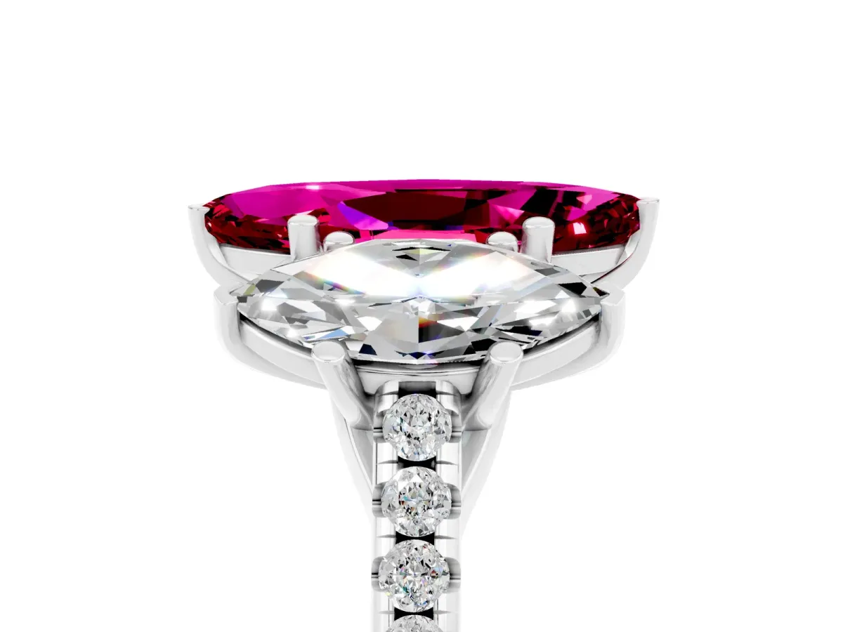Three-Stone Marquise Cut Garnet Ring with Round Pavé Band and Prong Setting Silver