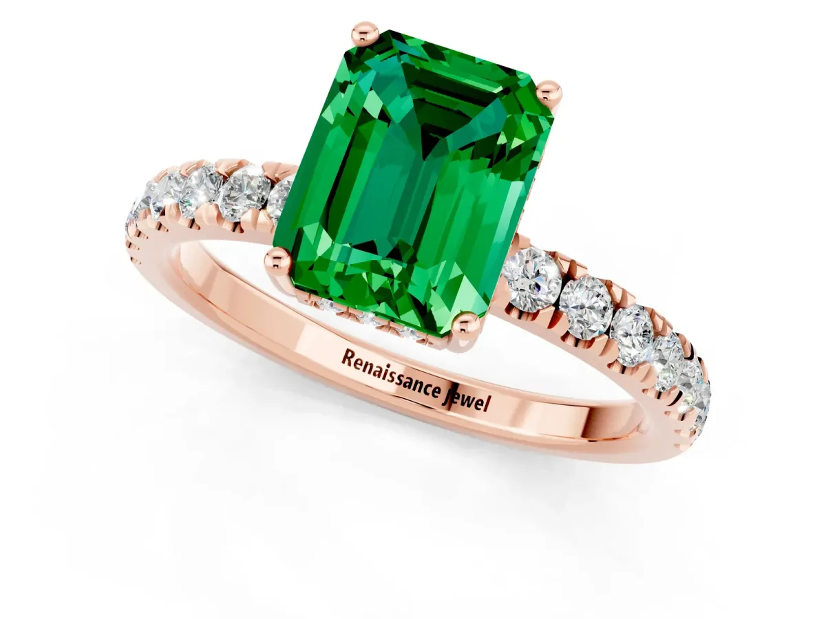 Emerald Cut Emerald Pave Band Solitaire Ring with Round and Prong Setting Rose gold