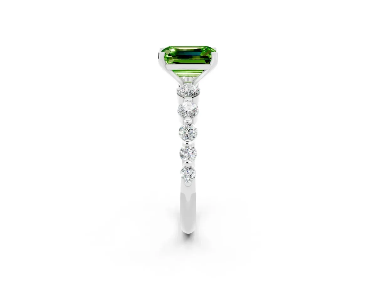 Emerald Cut Solitaire Peridot Ring with Pave Band and Four-Prong Setting Silver