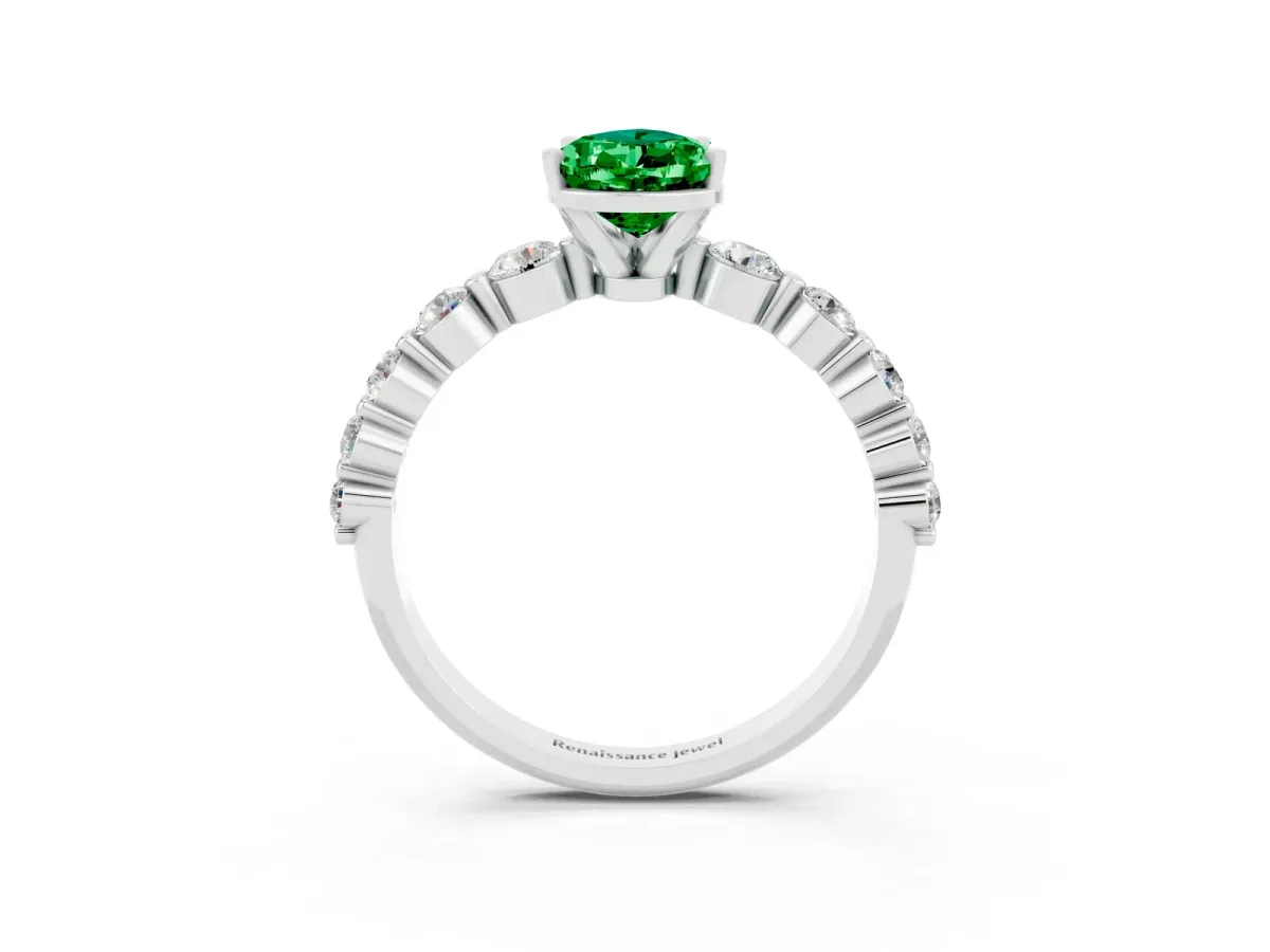 Pear Cut Solitaire Emerald Ring with Pave Band and Four-Prong Setting Platinum