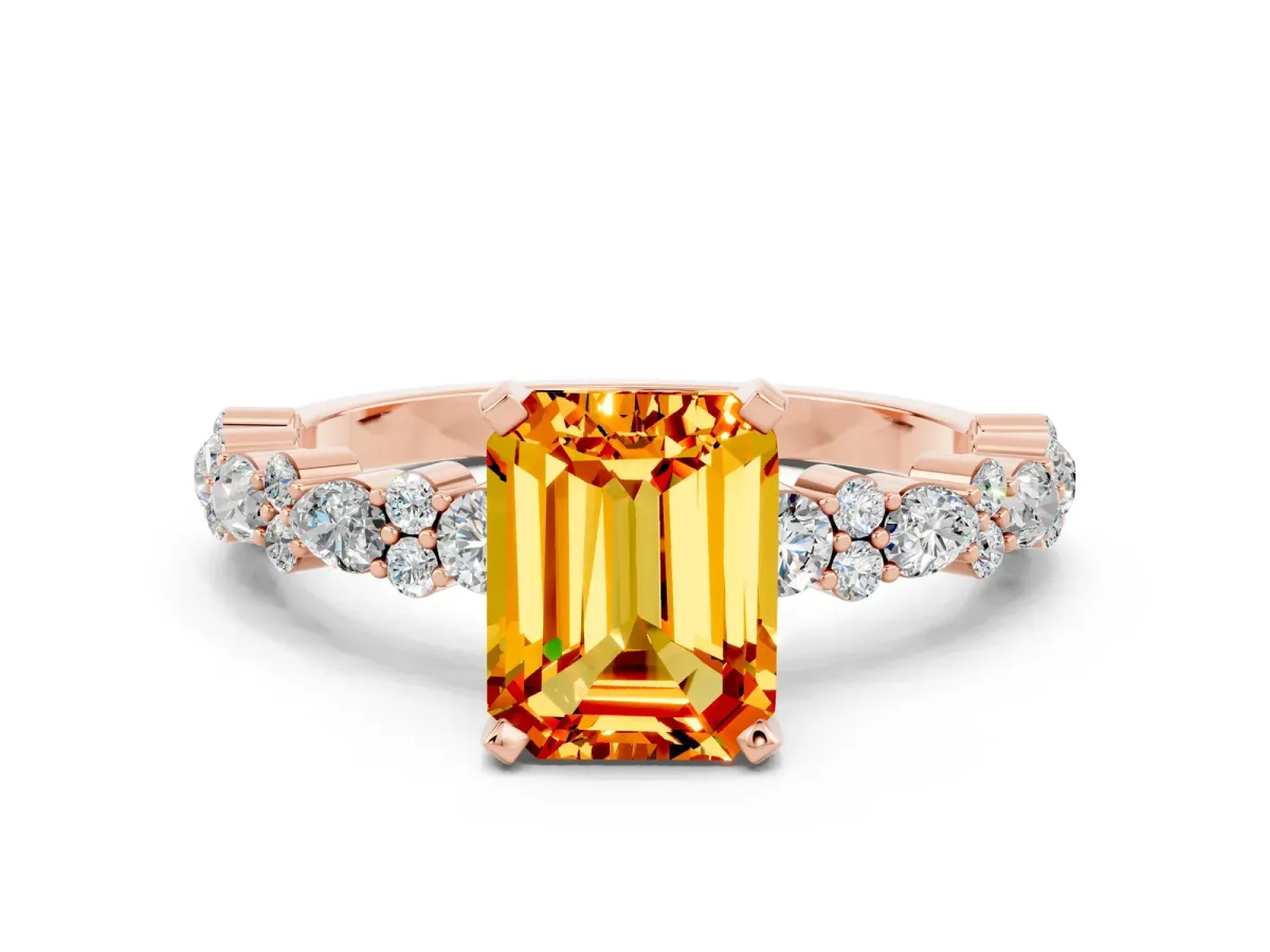 Emerald Cut Citrine Side Stone Solitaire Ring with Round and Four-Prong Setting Rose gold