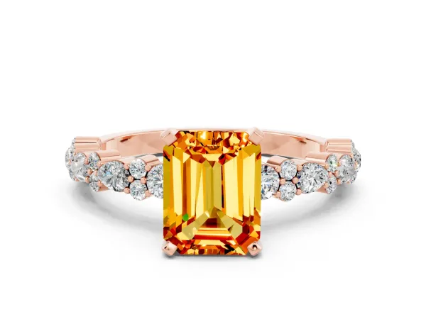 Emerald Cut Citrine Side Stone Solitaire Ring with Round and Four-Prong Setting Rose gold