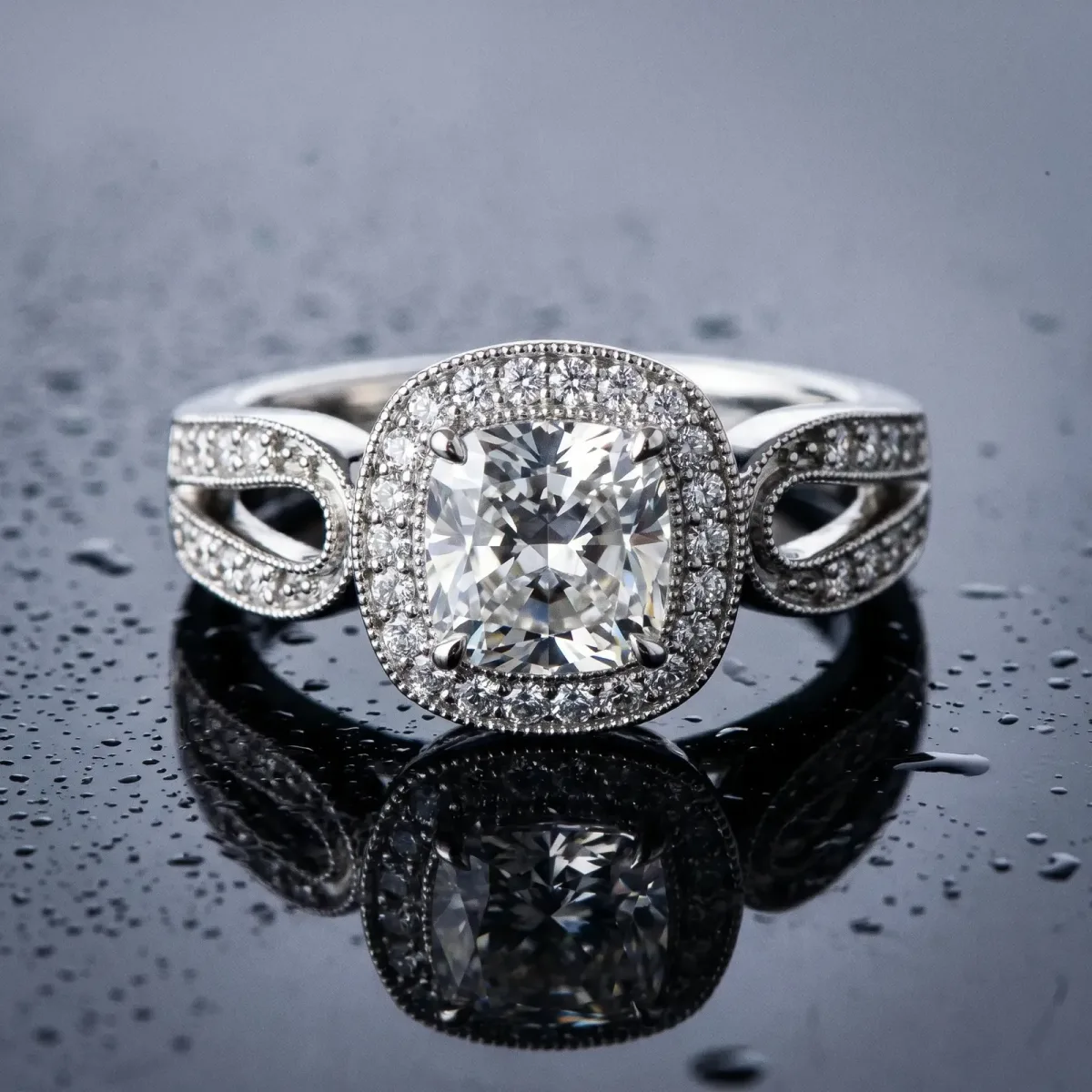 Cushion Cut Halo Split Shank Milgrain Diamond Ring Platinum