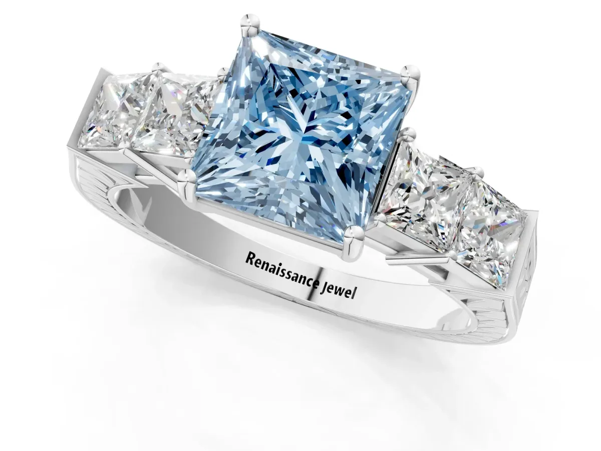 Fancy Blue Princess Cut Solitaire Princess Side Stone Engraved Band Prong Setting Ring Platinum