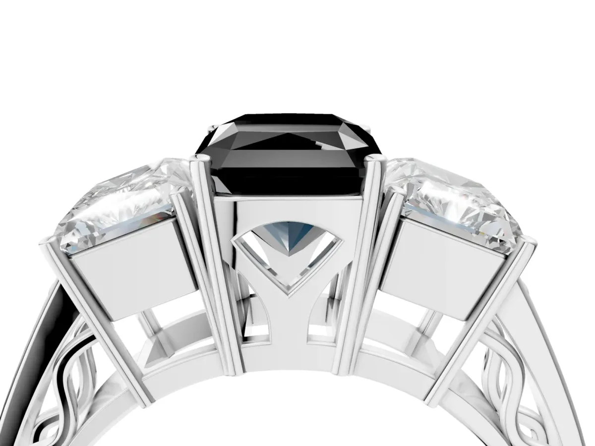 Fancy Black Radiant Cut Diamond Three-Stone Ring with Prong Setting and Textured Band Platinum