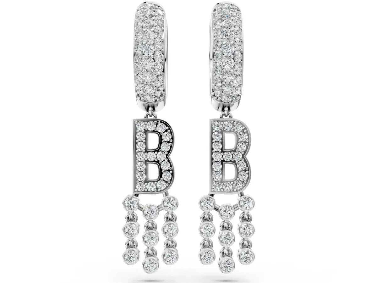 Round Diamond Initial B Huggie Hoop Earrings Silver