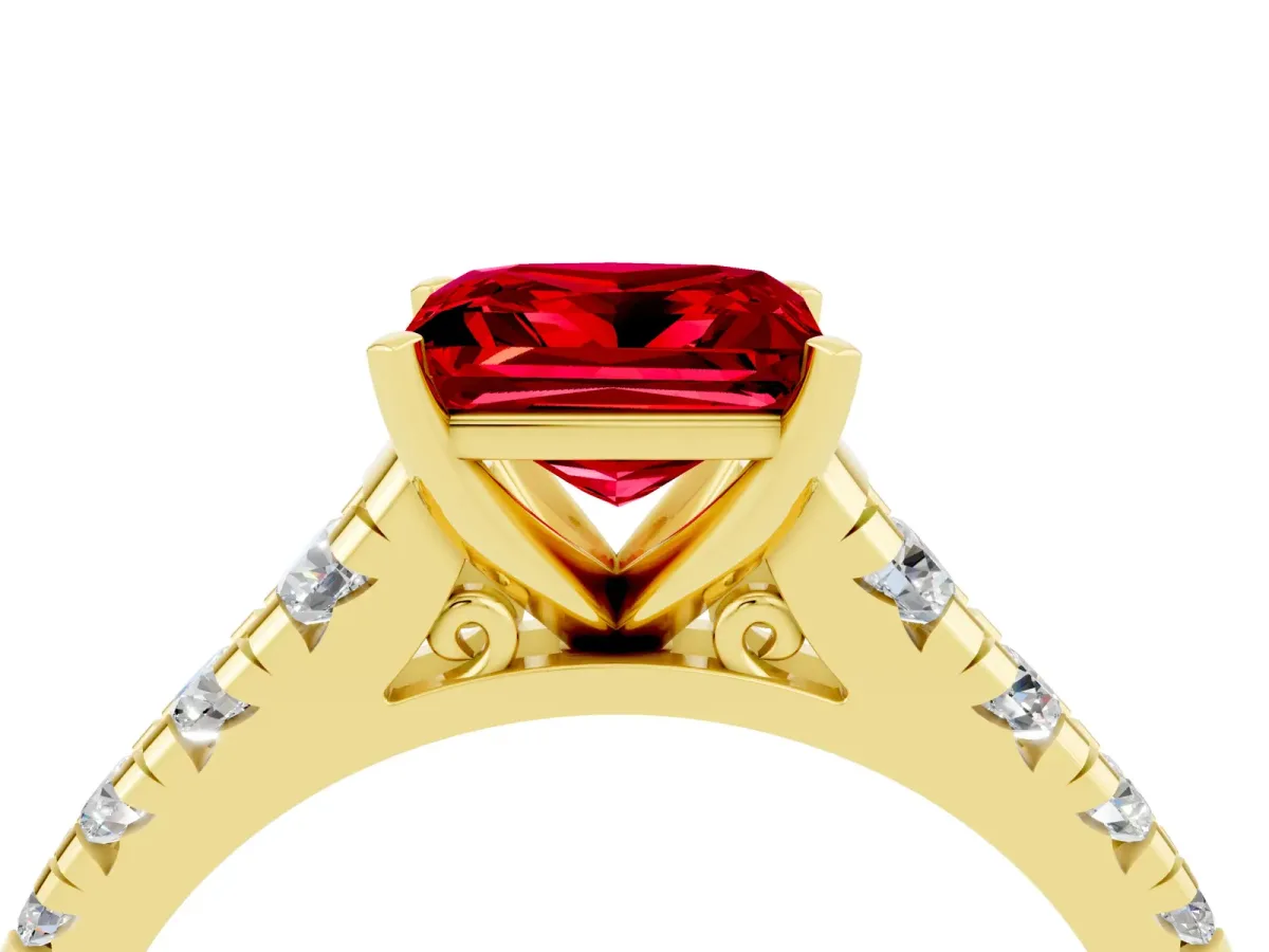 Princess Cut Ruby Cathedral Solitaire Ring with Round Pavé Band Yellow gold