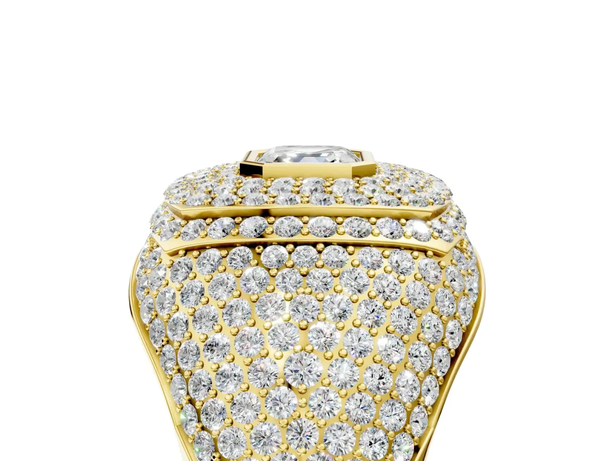 Asscher Cut Diamond Bezel Set Pavé Dome Mens Ring Yellow gold