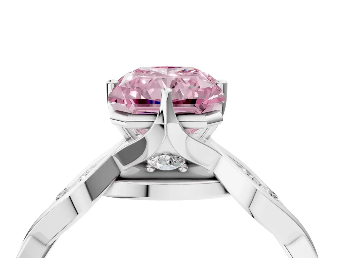 Fancy Pink Radiant Cut Solitaire Twist Band with Leaf Prong Setting Platinum