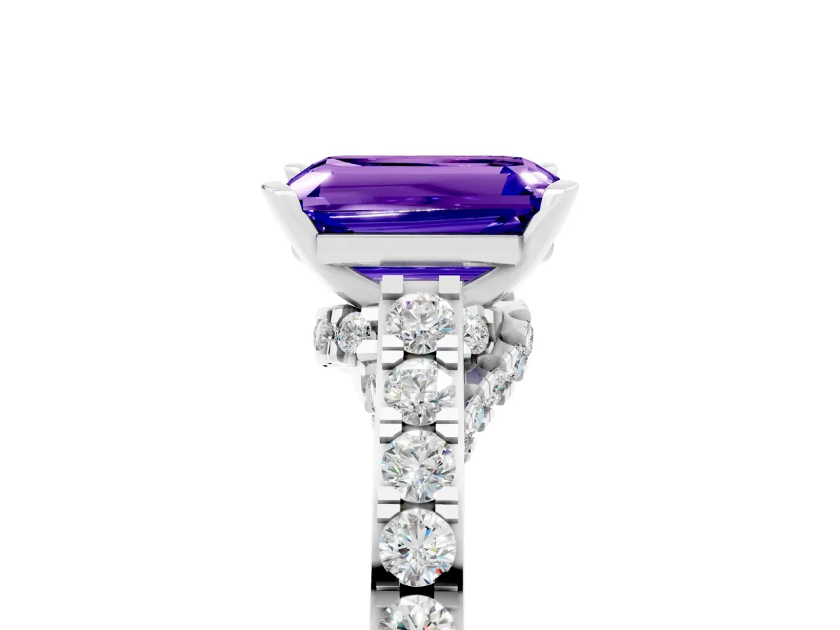 Emerald Cut Tanzanite Solitaire Ring with Crossover Gallery and Round Pavé Band Silver