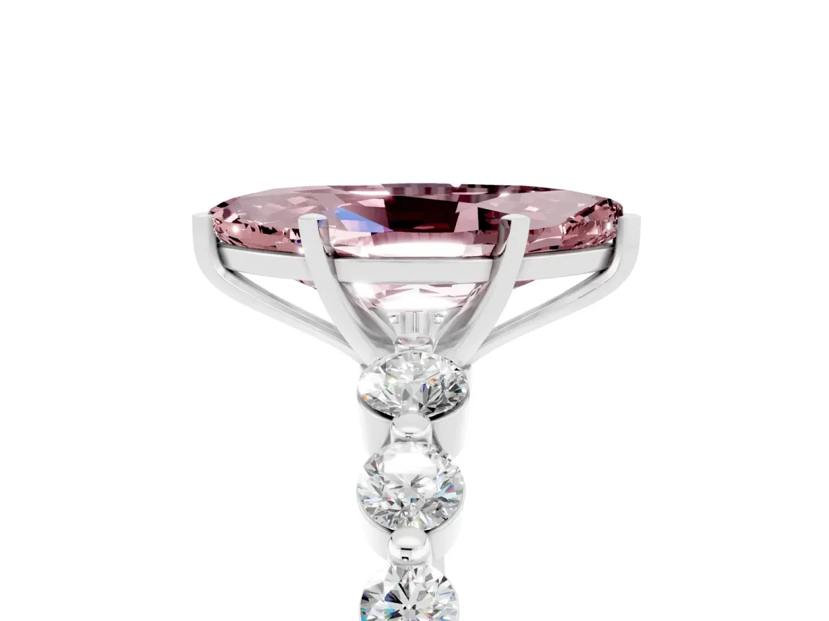 Marquise Cut Solitaire Morganite Ring with Pave Band and Four-Prong Setting Silver