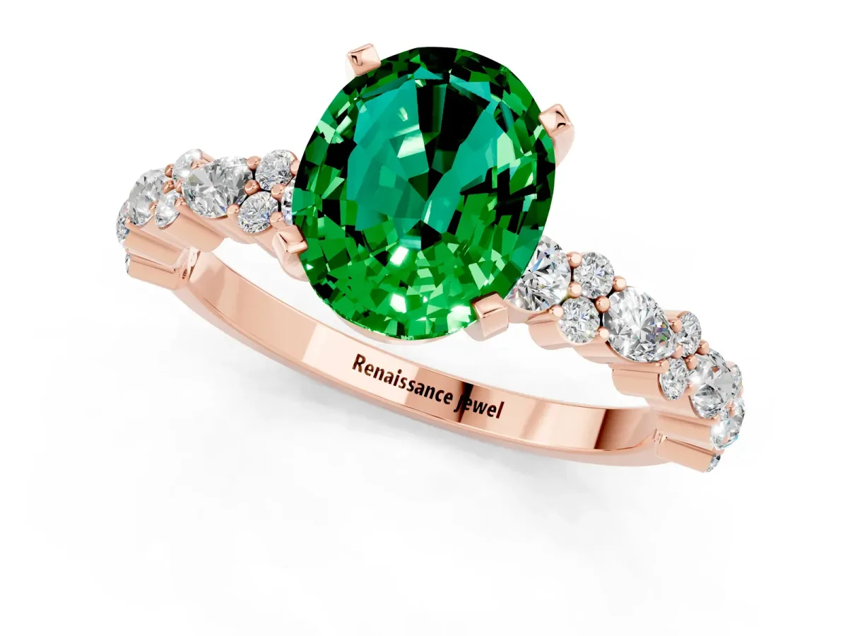 Oval Cut Emerald Side Stone Solitaire Ring with Round and Four-Prong Setting Rose gold