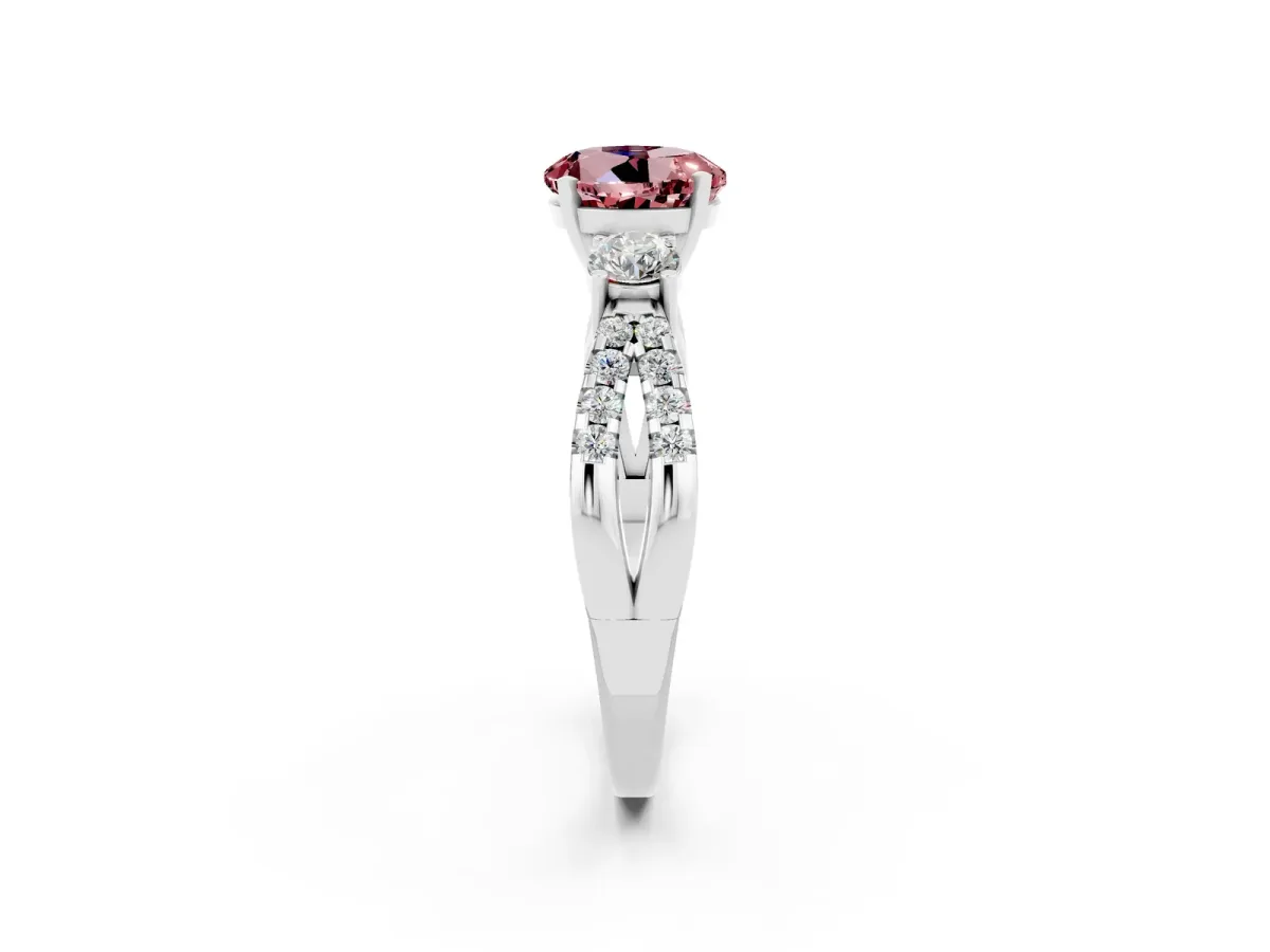 Round Cut Morganite Three-Stone Ring with Pavé Split Shank and Four-Prong Setting Silver