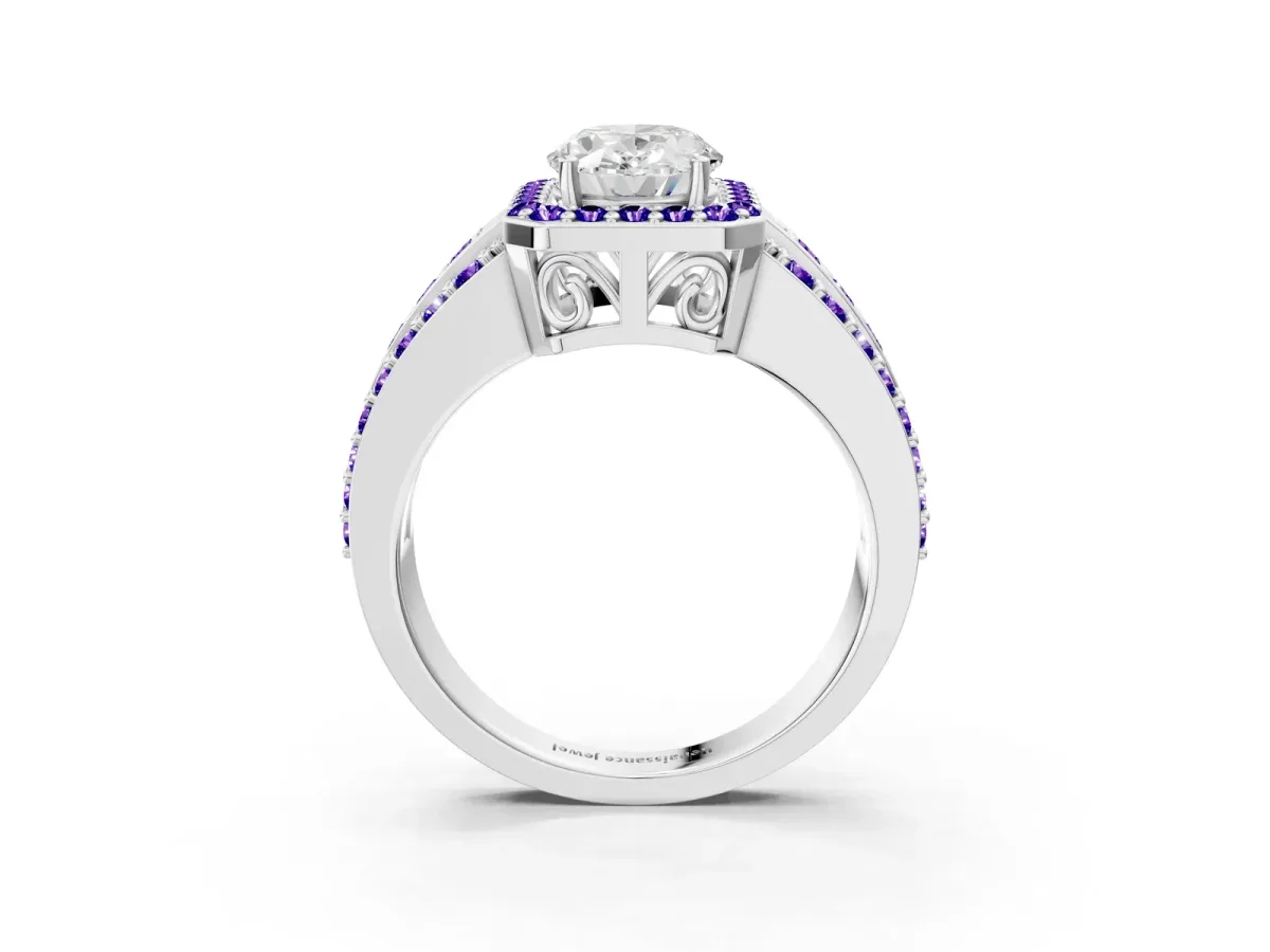 Oval Cut Halo Diamond Ring with Round Tanzanite Split Shank and Prong Setting Platinum