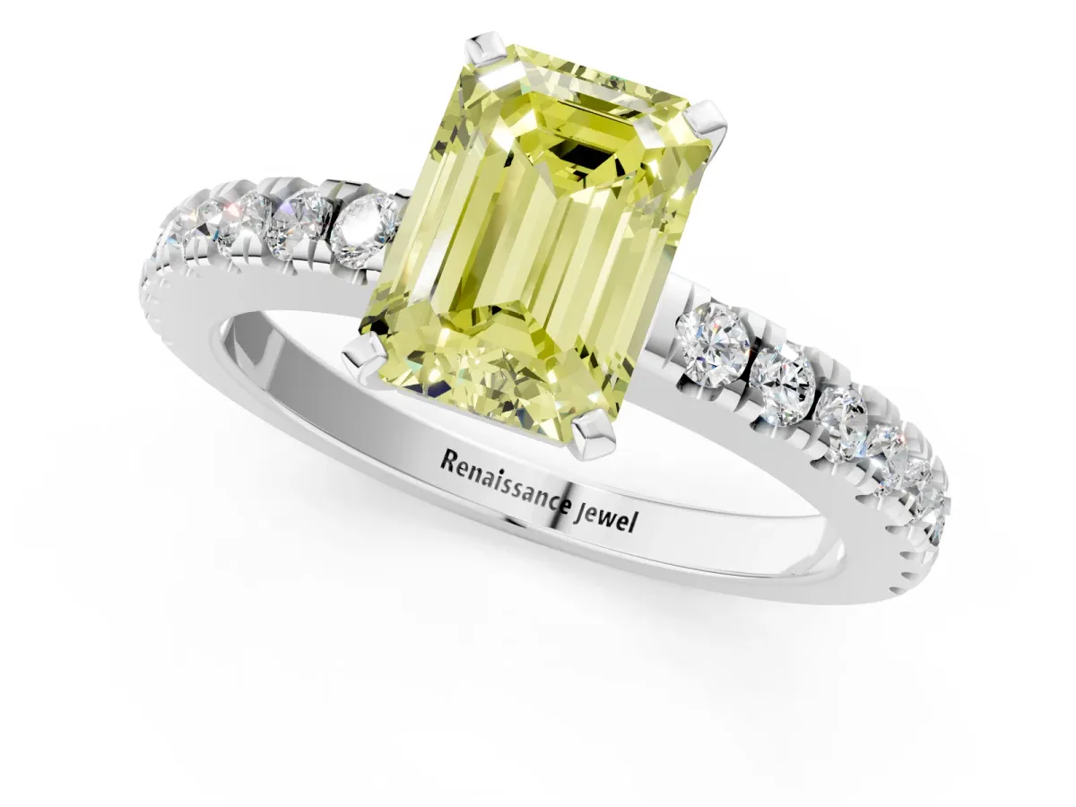 Fancy Yellow Emerald Cut Solitaire Diamond with Pavé Band and Four-Prong Setting Platinum
