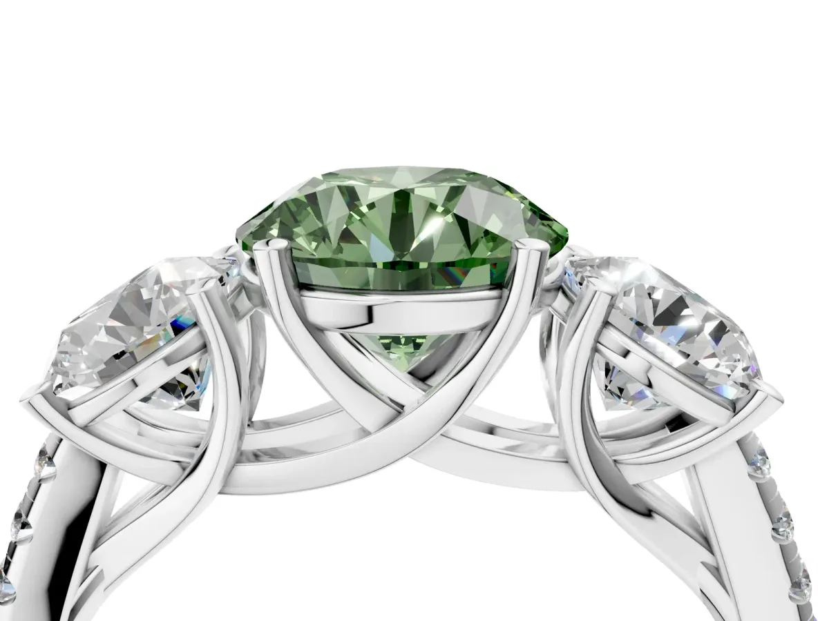 Fancy Green Three-Stone Round Cut Diamond Ring with Round Pavé Band and Prong Setting Silver