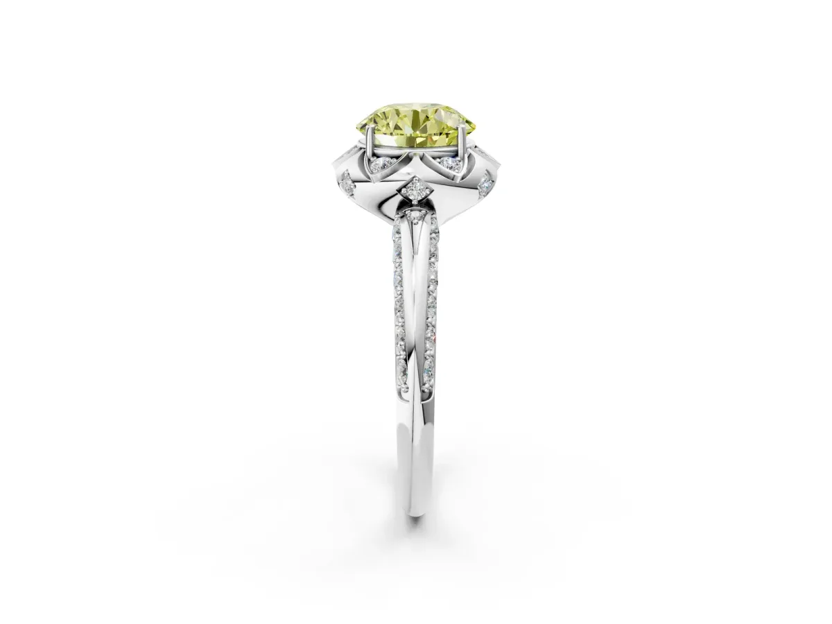 Fancy Yellow Round Cut Halo Split Shank Pave Diamond Ring with Petal Prong Setting Platinum