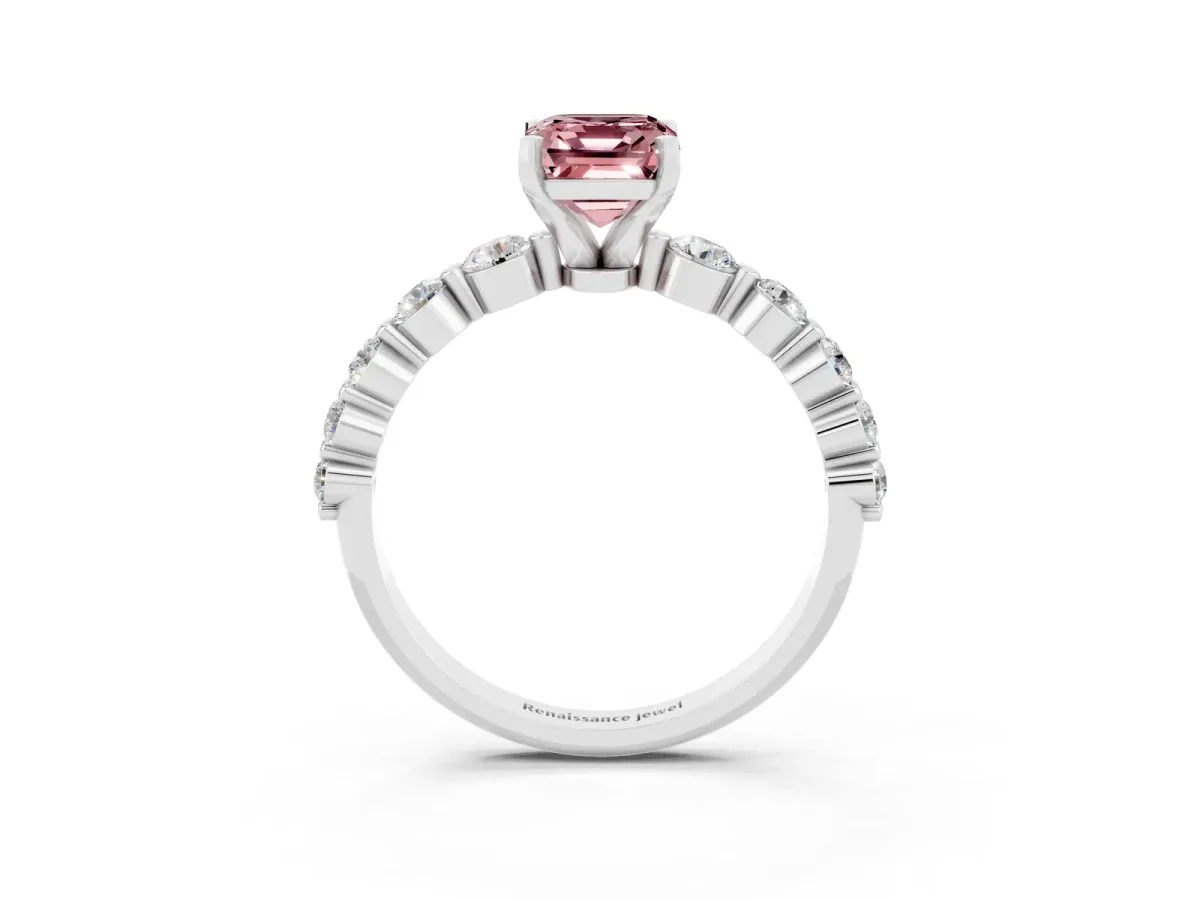 Emerald Cut Solitaire Morganite Ring with Pave Band and Four-Prong Setting Silver