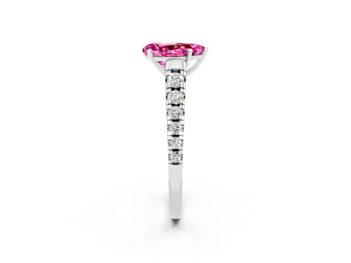 Pear Cut Pink Sapphire Cathedral Solitaire Ring with Round Pavé Band Silver