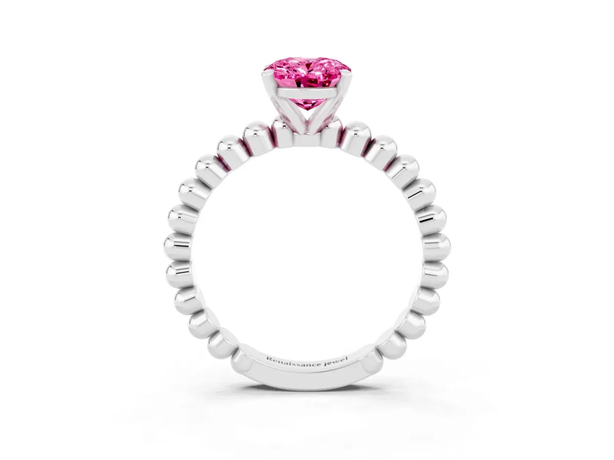 Oval Cut Pink Sapphire Solitaire Ring with Beaded Band and Prong Setting Silver