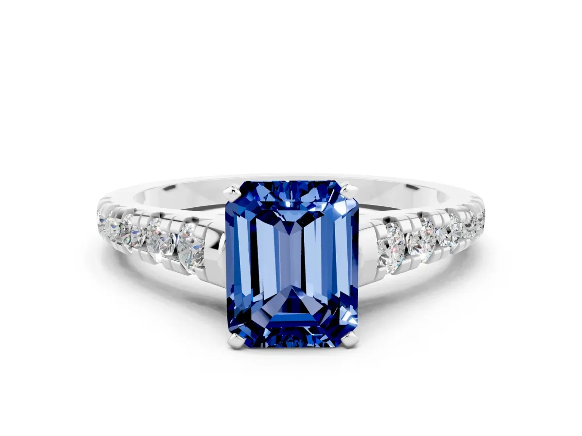 Emerald Cut Blue Sapphire Cathedral Solitaire Ring with Round Pavé Band Silver