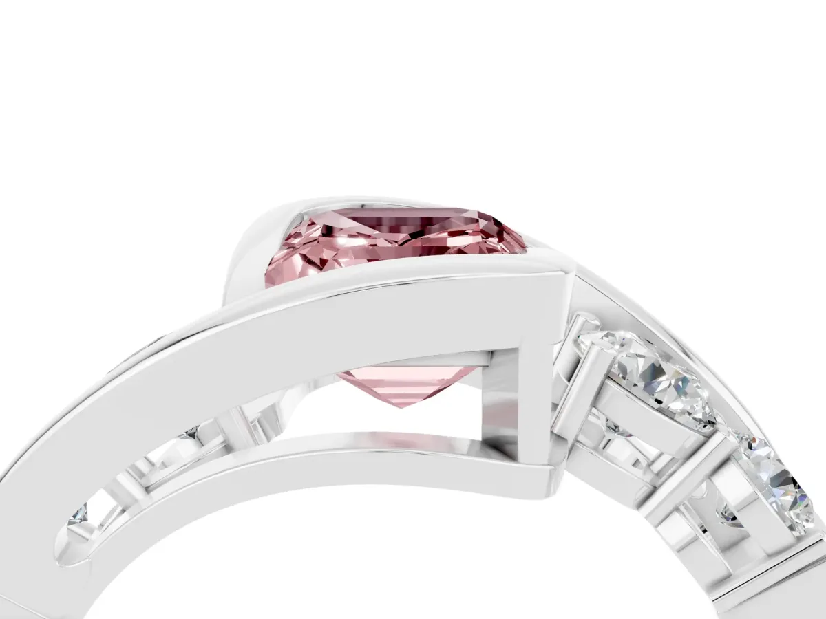 Bezel Set Emerald Cut Morganite Bypass Ring with Round Accents Platinum