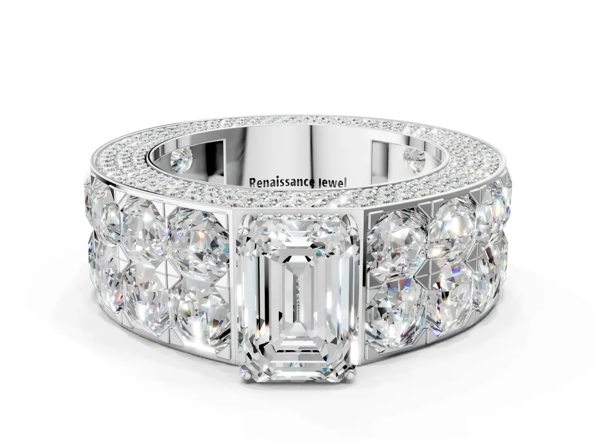 Emerald Cut Diamond Radiant Pavé Mens Ring White gold