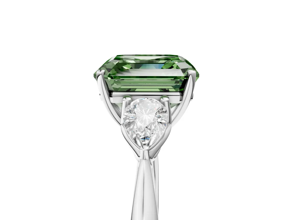 Fancy Green Three-Stone Asscher Cut Diamond Ring with Pear Side Stones in Four-Prong Setting Silver