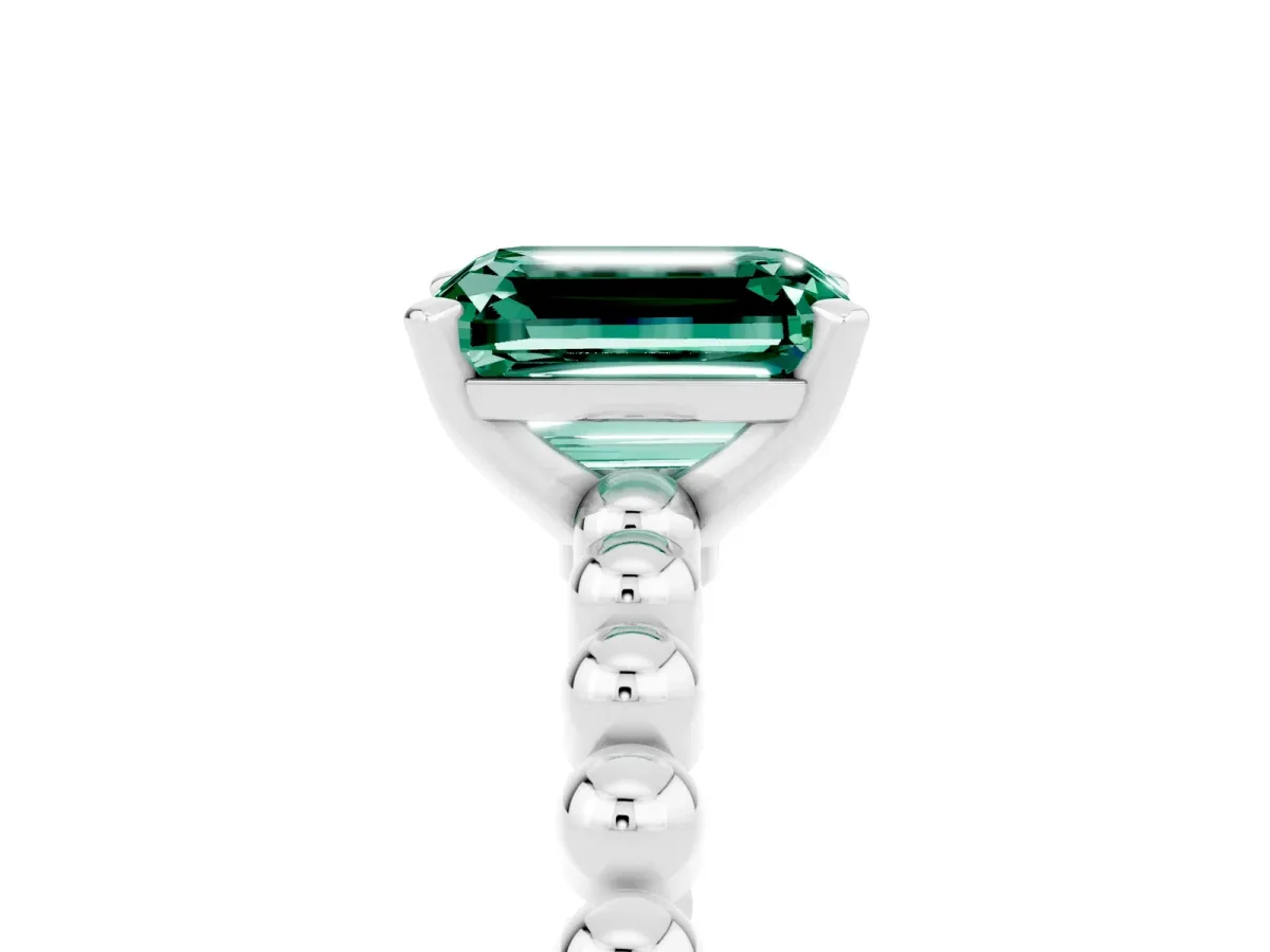 Emerald Cut Green Sapphire Solitaire Ring with Beaded Band and Prong Setting Silver