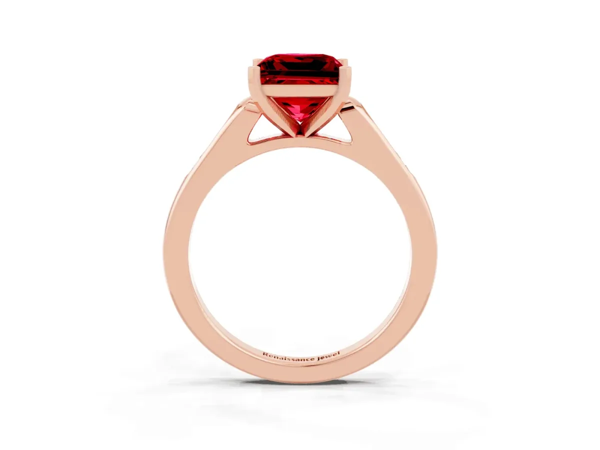 Princess Cut Ruby Solitaire Ring with Channel Set Round Band and Prong Setting Rose gold