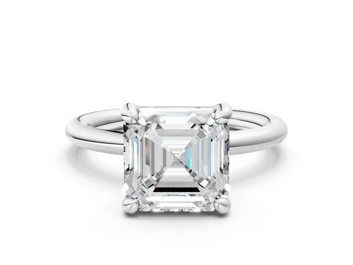 Asscher Cut Solitaire Diamond Ring with Four-Prong Setting on a Plain Band Platinum