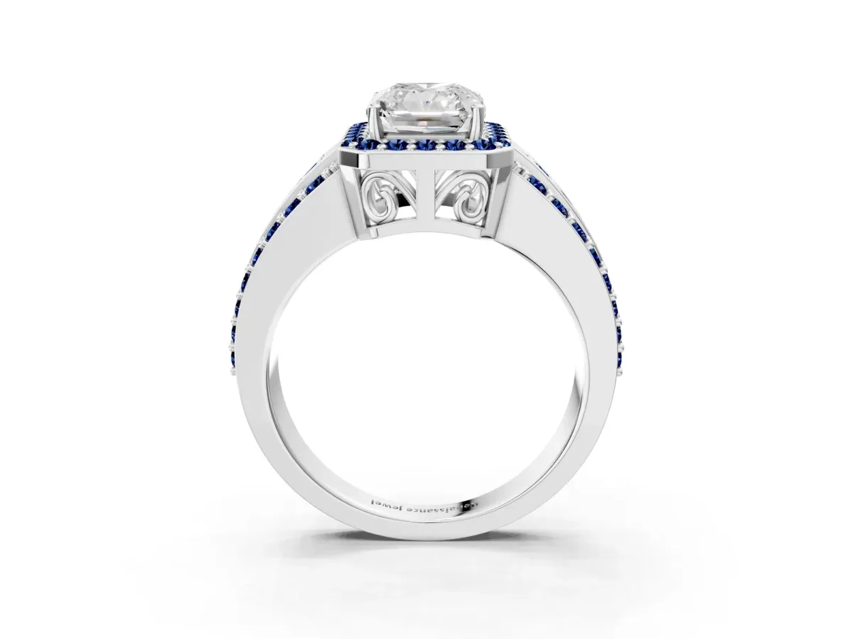 Radiant Cut Halo Diamond Ring with Round Blue Sapphire Split Shank and Prong Setting Silver